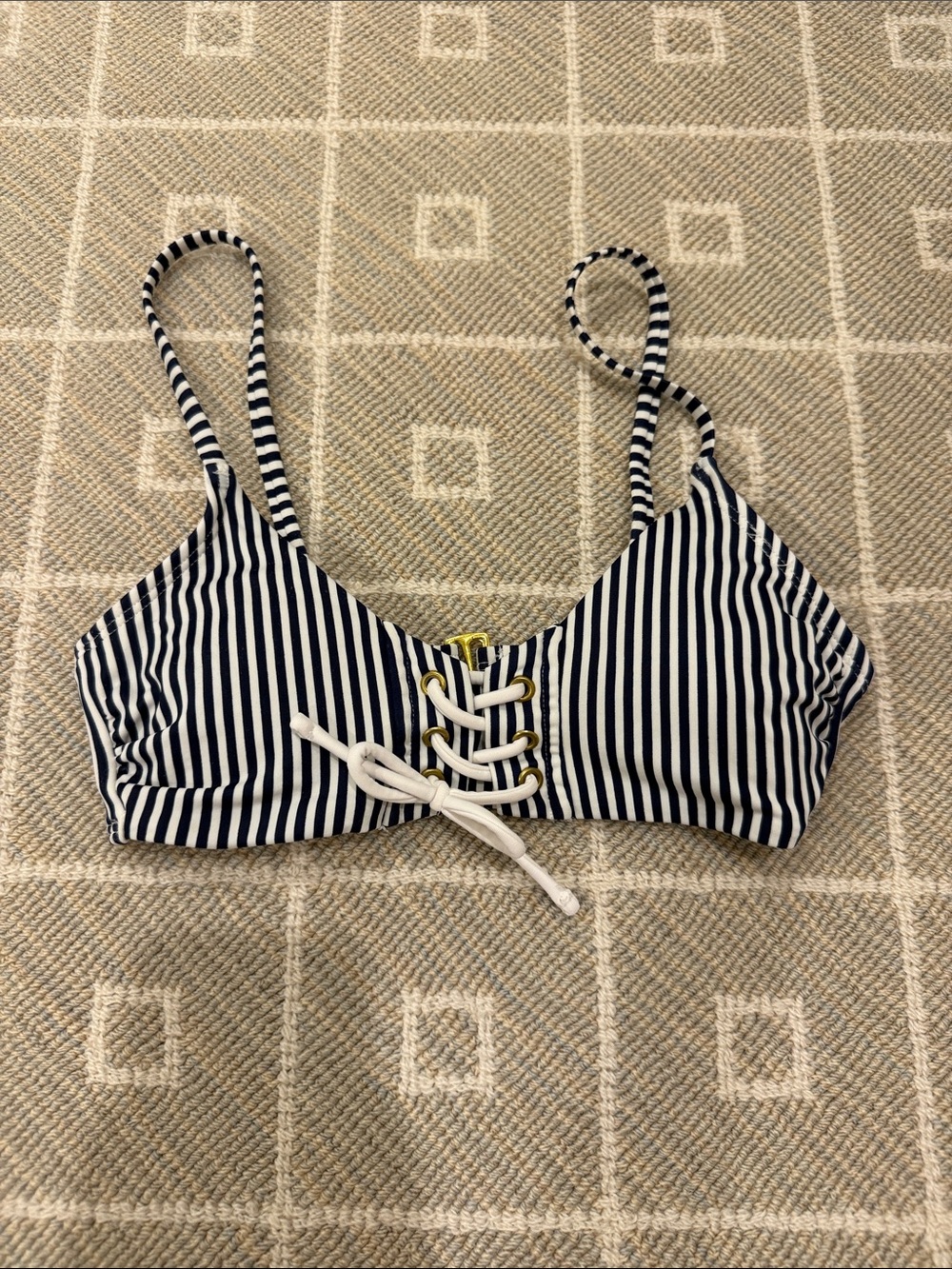 Striped Lace-Up Bikini Top - Navy & White